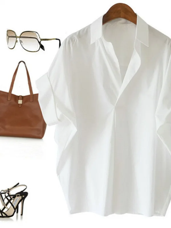 

Loose Bat Collar irt Pure Color Turn-down Collar Oversized Bat Sve Women's Casual Street Sle Polyester Fiber Summer irt