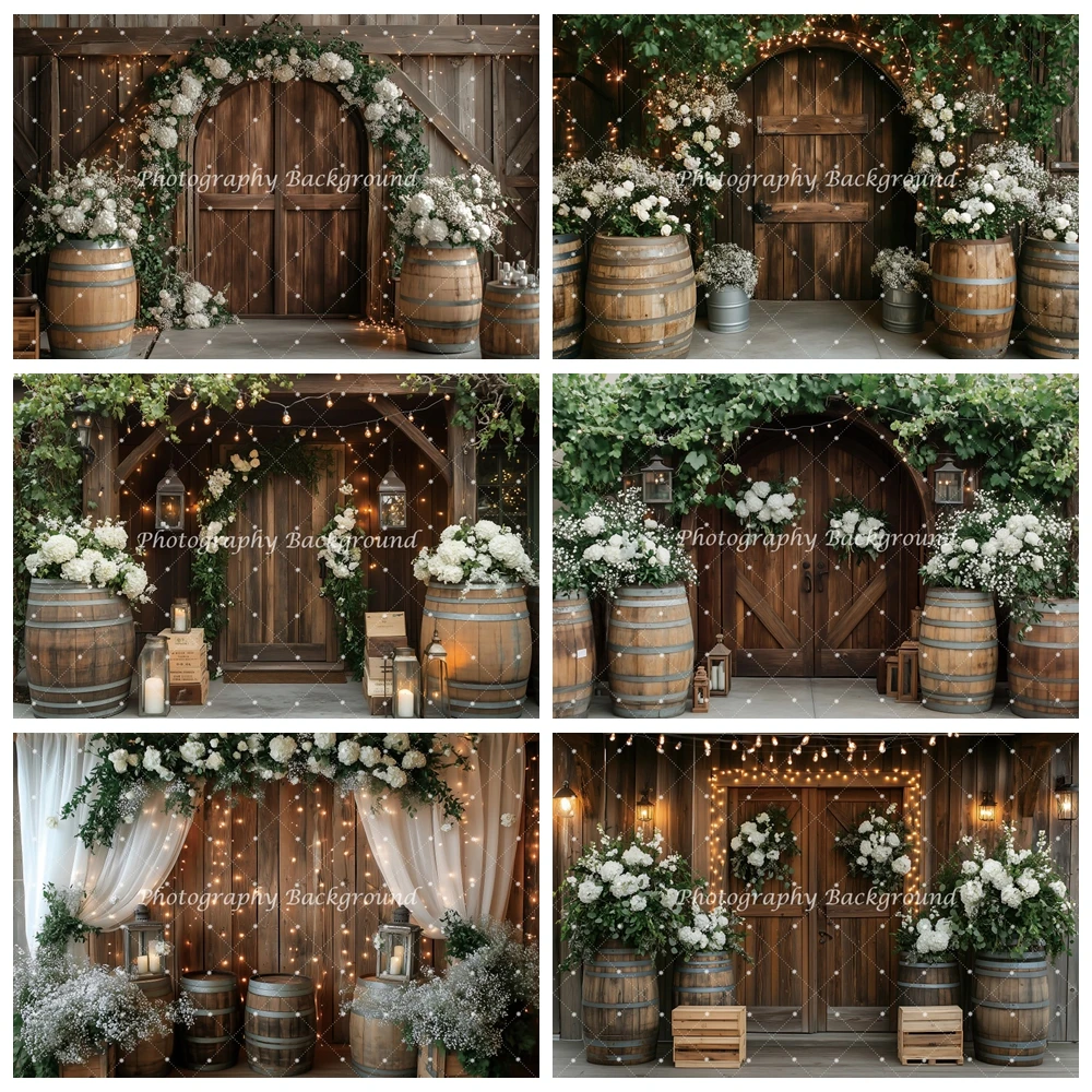 

Vintage Country Flowers Arch Photography Backdrop Wooden Door Drum Stool Bride Wedding Party Anniversary Decor Photo Background