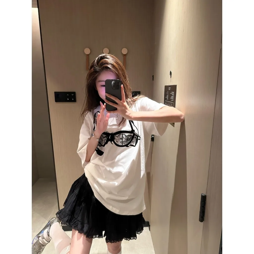 Funny Black Lace underwear Print T-shirt Women Summer 2025 New Cotton Short Sleeve Tee Casual Tops korean popular female clothes - Image 4