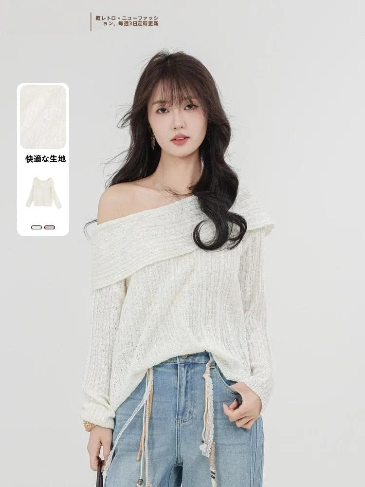 

Ele Korean Sle Off-oulder Knitted Sweater Summer New Arrival Memory's Start Point Women's Loose Fit Long Sve Top