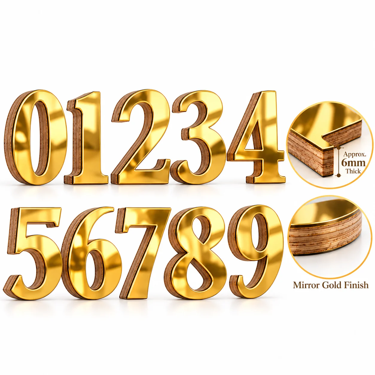 0-9 Mirror Acrylic House Numbers with Wood Backing Laser Cut DIY Wall Decor Home Address Sign Number Plate Birthday Dates
