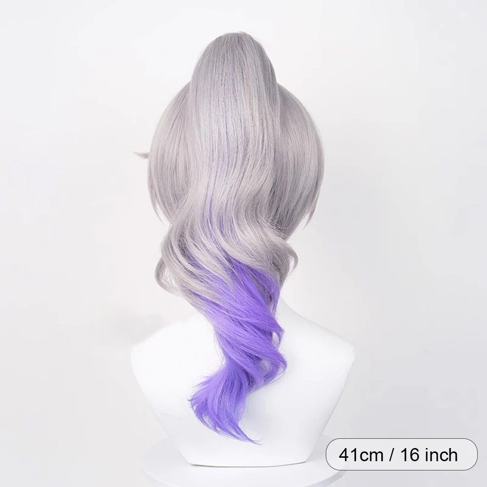 Honkai Star Rail Silver Wolf Wig Synthetic Short Straight Grey Ombre Purple Wavy Ponytail Clip Game Cosplay Wig for Daily Party