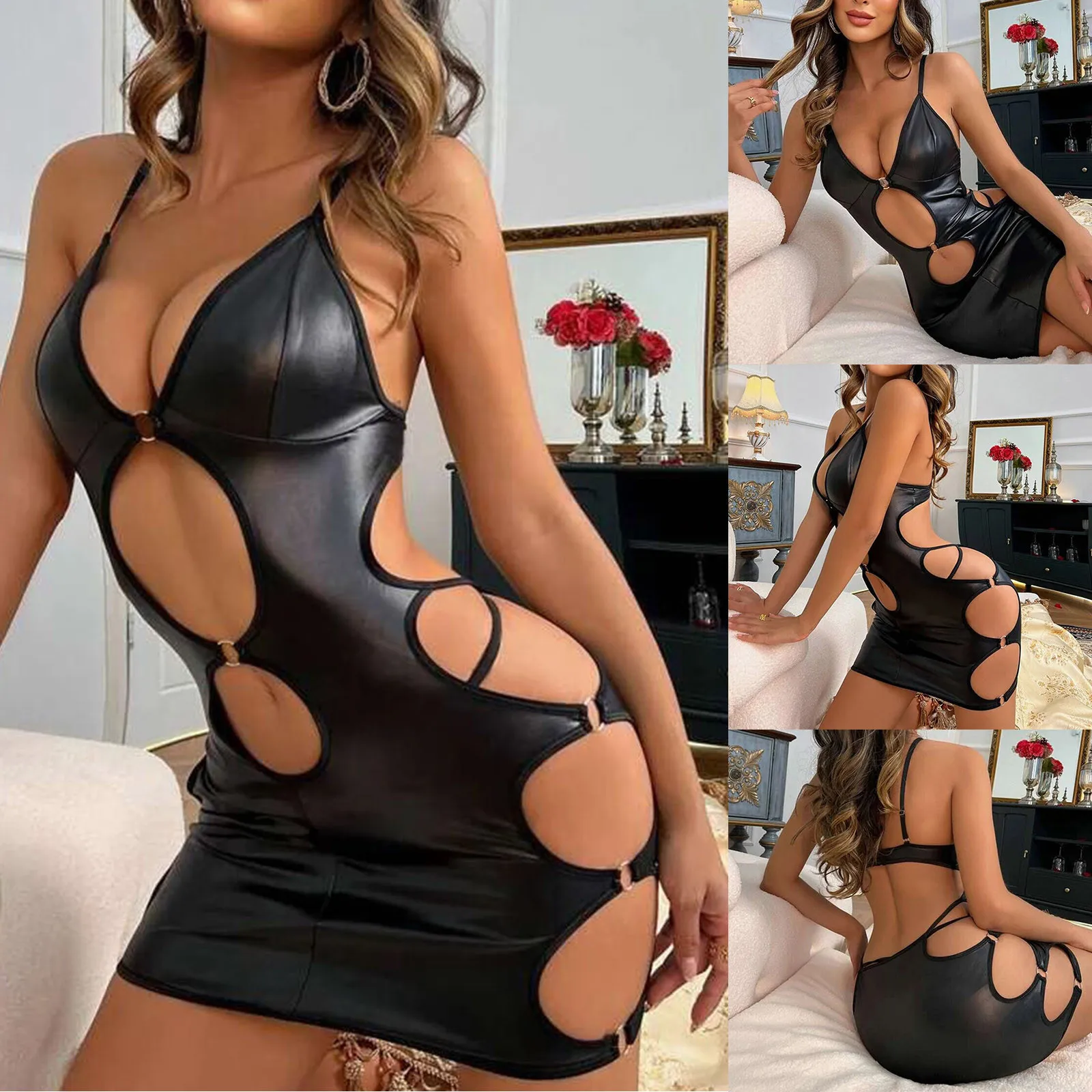 

Women's Sexy PU Leather Lingerie Blacl Latex Leather Mini Dress Erotic Costumes Side Hollow Out Bodysuit Club Party Nightwear