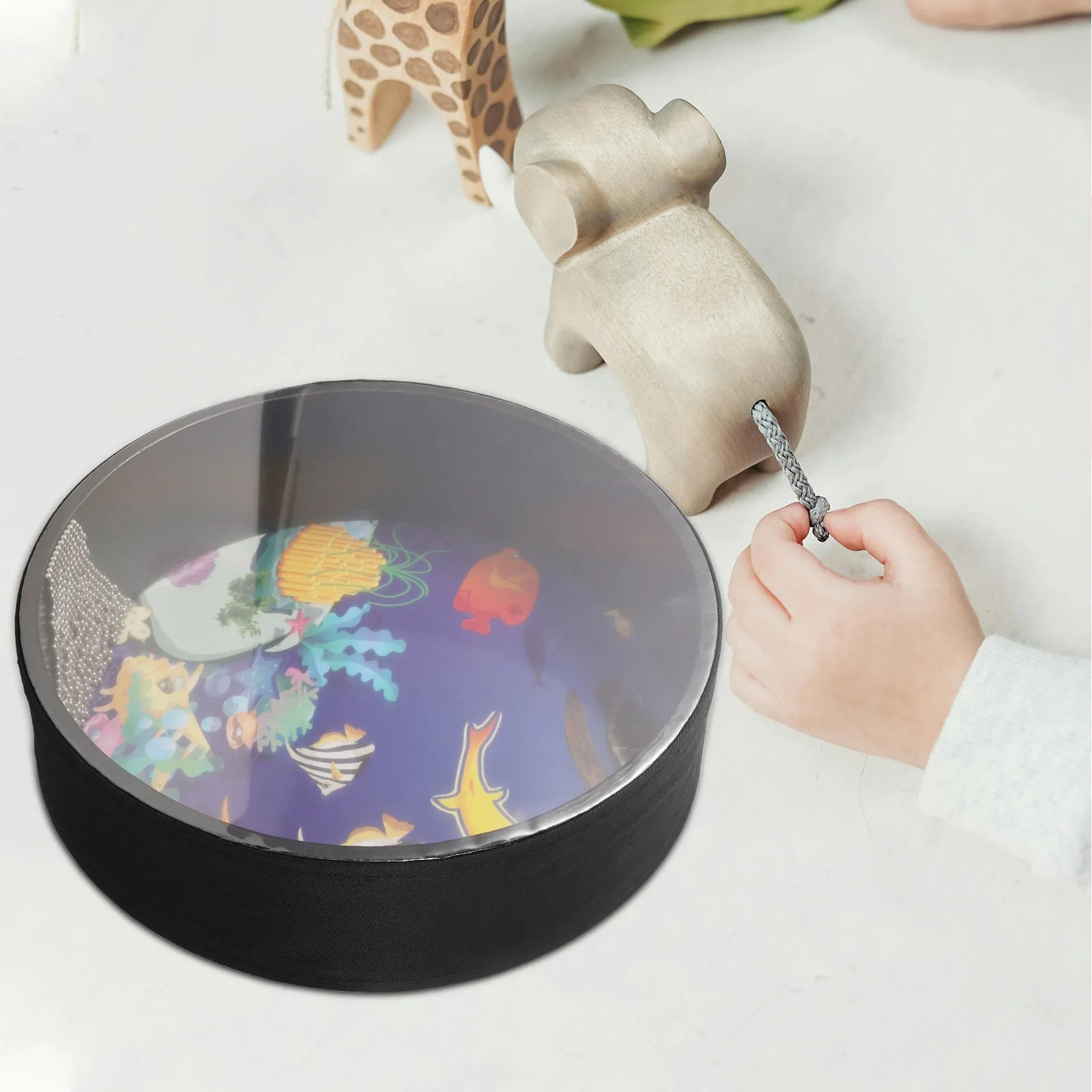 Ocean Drum Wave Bead Hand Percussion Instrument Wooden Shell Sea Sound Drum for Relaxation Sleep Office Nursery School Music