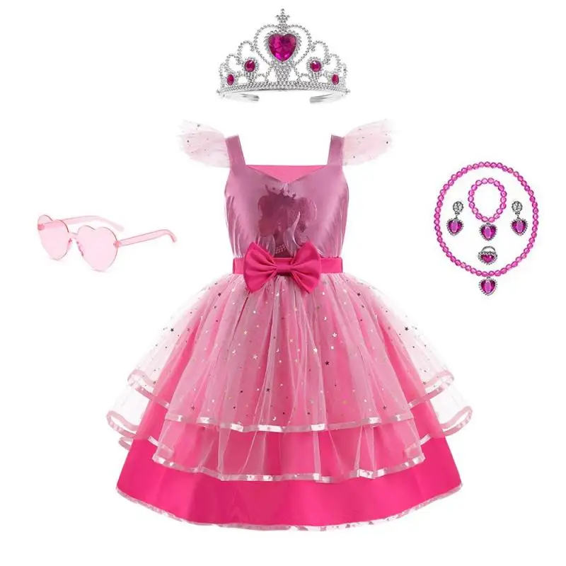 Robe de princesse Barbie pour filles, vêtements de fête d'anniversaire pour enfants, robe cosplay, jupe en maille à la mode, déguisement de reconstitution historique d'Halloween, cadeau de costume