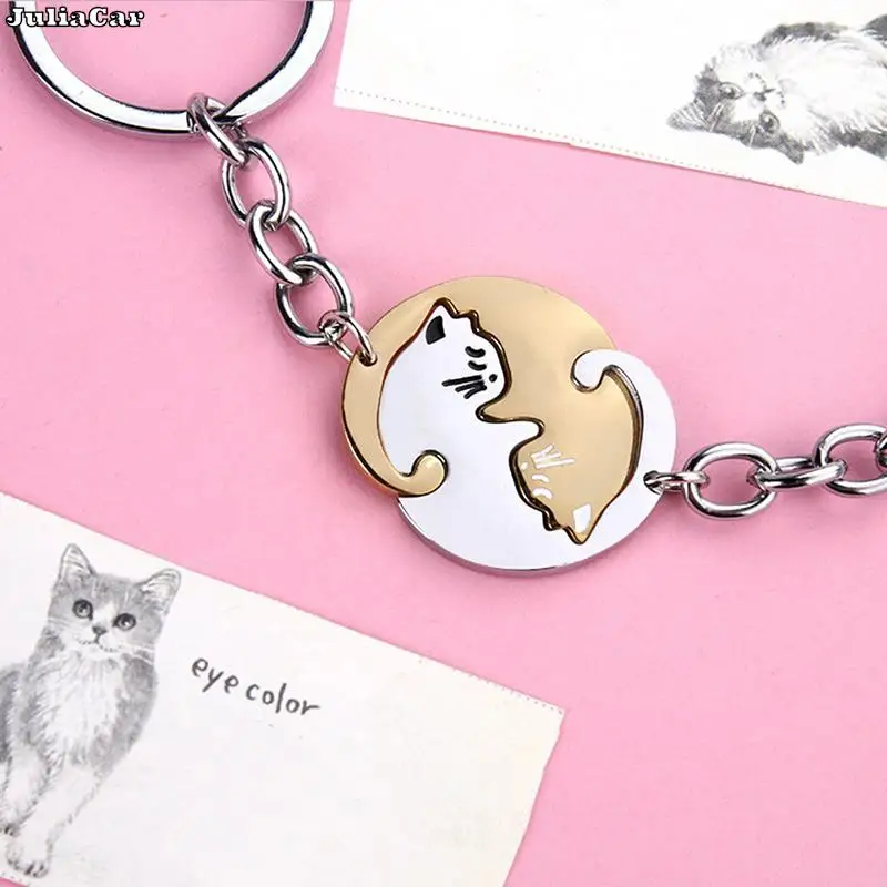 1Pair Cute Black Cat Keychain Patchwork Heart Round Couple Lovers Keyring Stainless Steel Backpack Car Key Ring Hanging Jewelry