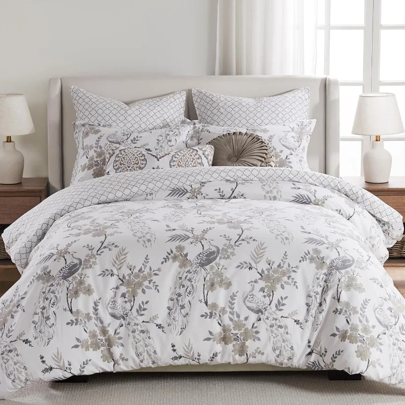 Pisa Quilt Set - Two Pillow Shams - Floral Contemporary Peacock - Grey and Taupe ， Reversible