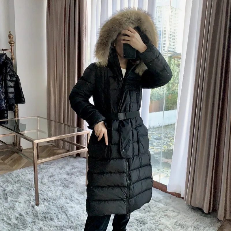 Autumn and winter female Fox fur collar hooded long Down jacket Casual jacket Slim-fit belt warm Fashion clothing movement coat