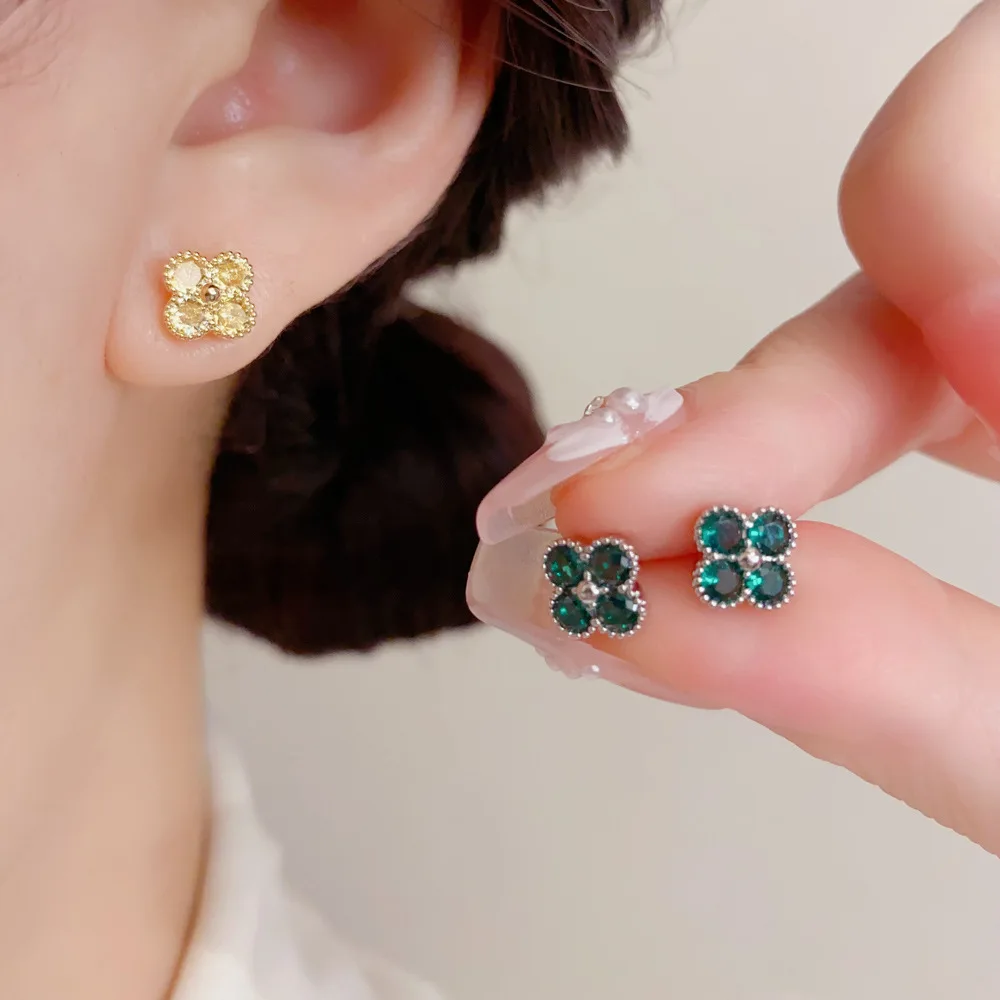 Vibrant Emerald Four Leaf Clover Stud Earrings Tiny Gemstone Flower Piercing Jewelry Lucky Charm Daily Versatile Decor