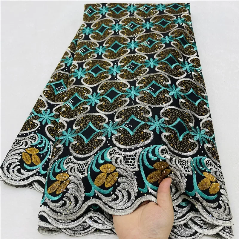 

5-ярдовая тяжелая вышивка бисером, африканская 100% хлопчатобумажная ткань премиум-класса, высокое качество, швейцарская вуаль, кружево, популярный стиль Дубая 12L29503