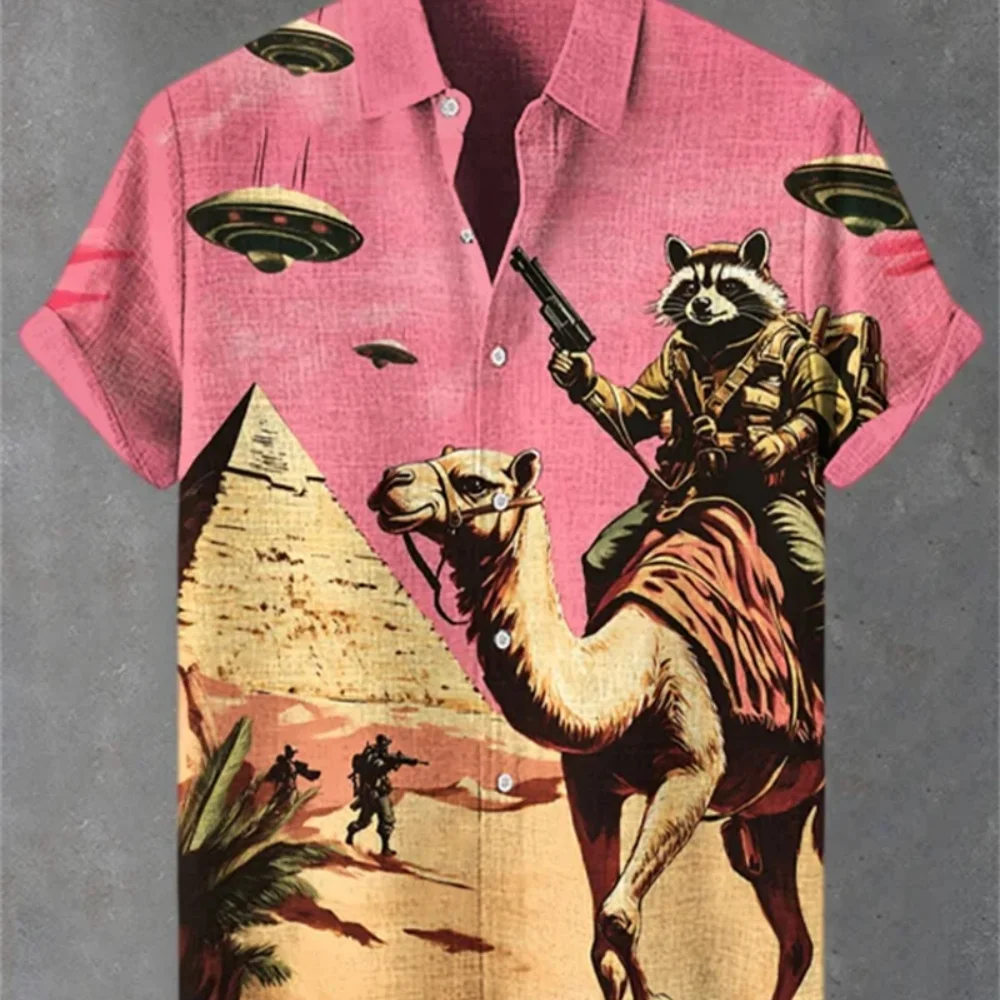 

Men's High-Quality Short-Sleeved Shirt Desert Pyramid Cat Print Classic Lapel Button Casual Breathable Linen Streetwear