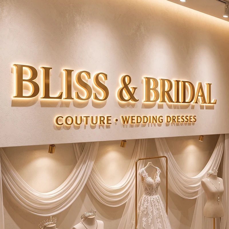Custom 3D LED Backlit Letters Rose Gold Metal Illuminated Logo Sign Wedding Bridal Shop Reception Wall Brand Signage