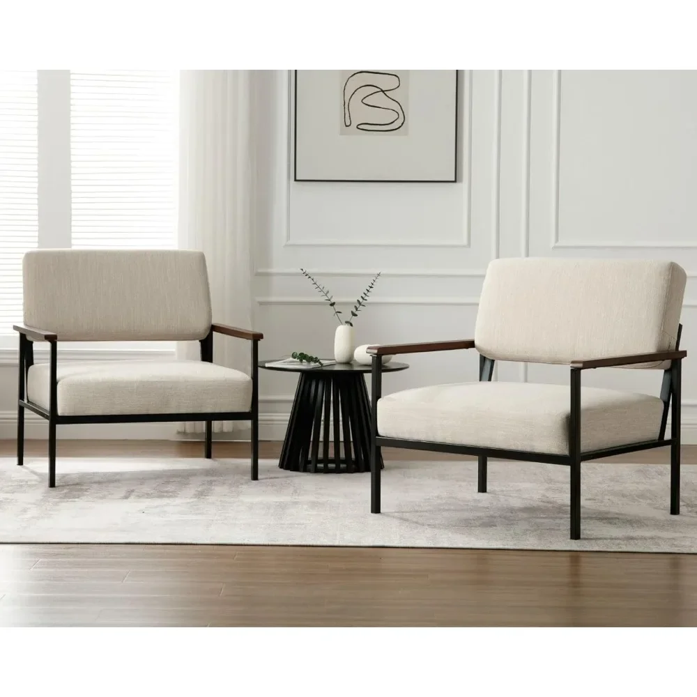 

Comfy Arm Chairs with Black Metal Frame Soft Linen Fabric Upholstered Armchairs, Mid Century Modern Beige Accent Chairs Set of 2