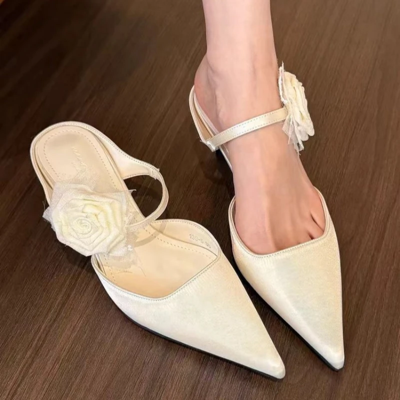 Eilyken Sexy Silk Slingback Pointed Toe Women Pumps Fashion Design Flowers Thin Heels Banquet Prom Shoes