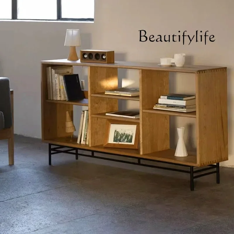 BJ Simple Solid Wood Hollow Display Rack Partition Short Living Room Falling Bookcase Walnut Display Cabinet