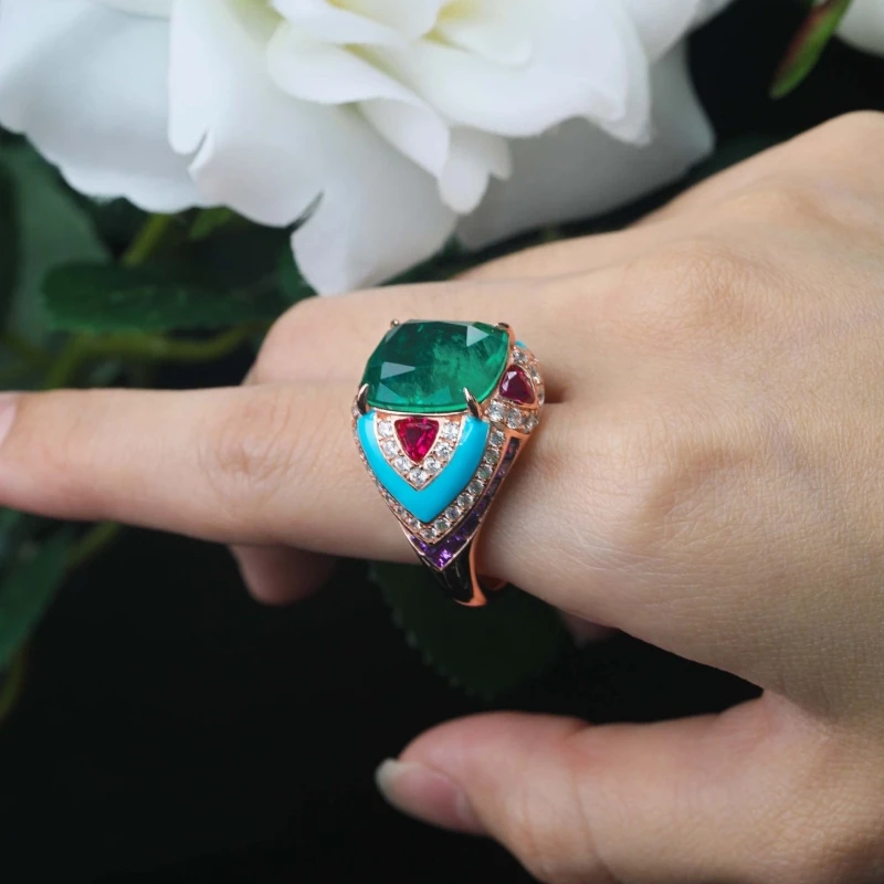 Cameo Fashion Artdeco Jewelry Ring 925 Silver Champagne Gold Plated Synthetic Zircon Emerald Ruby Colored Gemstone Vintage Rings