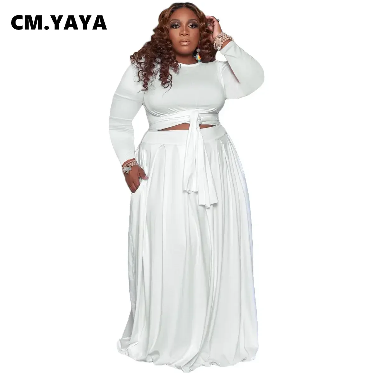 CM.YAYA Plus size Elegant Women Two 2 Piece Set Outfits Sweatsuit 2022 Summer Lace up T-shirt + Wide Leg Pants Fitness Tracksuit