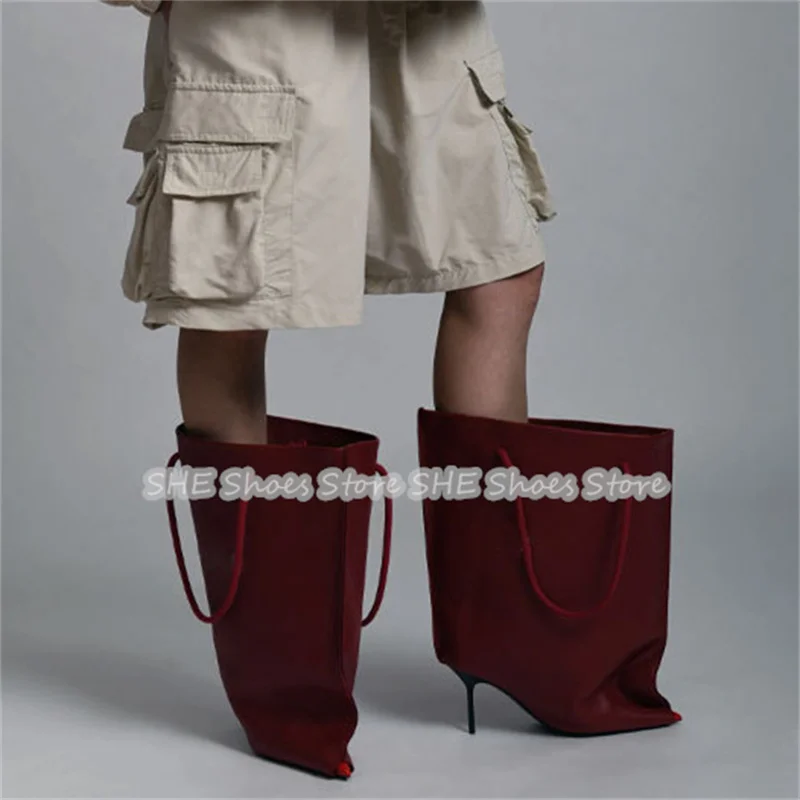 

Fashion Design Handbag Over Size Women Long Boots Pointed Toe High Heel Slip-On Knee High Boots Lady Catwalk Party Dress Shoes