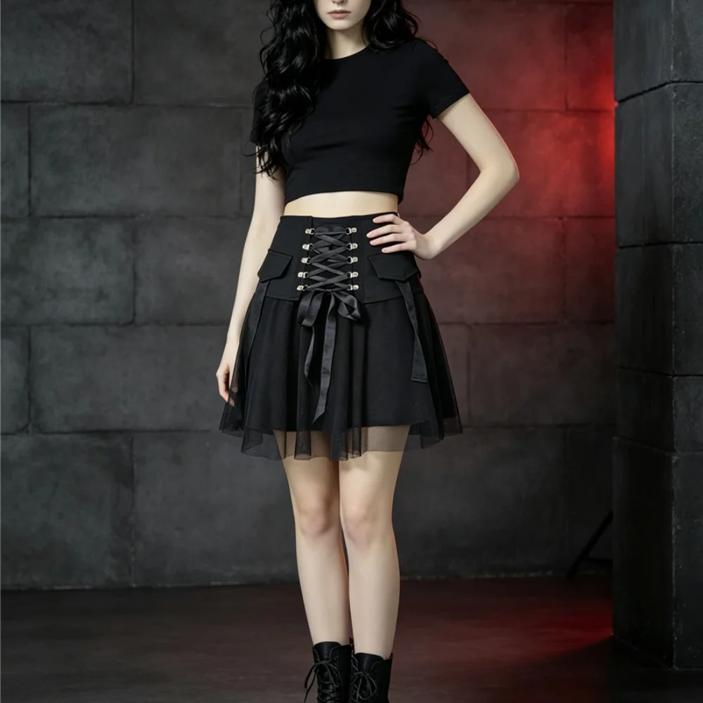 Women Black Butterfly Waist Lace Mini Skirt High Waist Patchwork Biscuit Dress Style Polyester A-Line Short Skirt