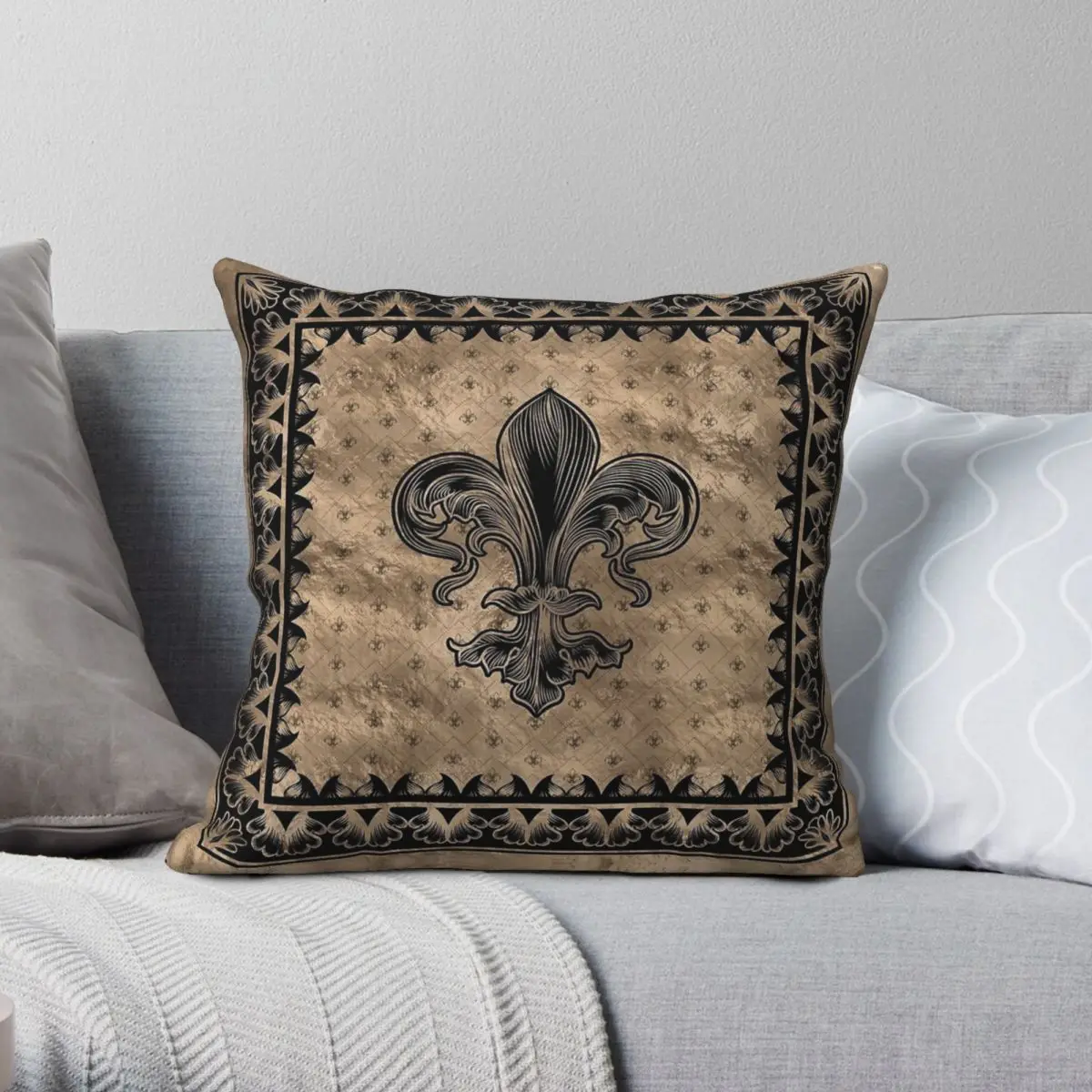 Fleur-De-Lis Black And Gold Square Pillowcase Polyester Linen Velvet Printed Throw Pillow Case Sofa Seater Cushion Cover