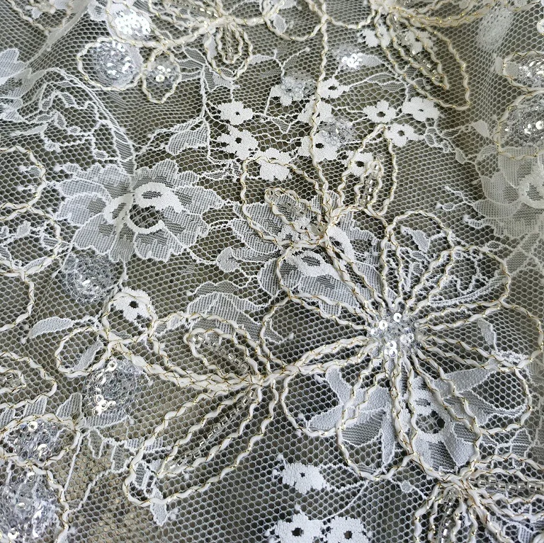 

Elegant white mesh 3D cotton thread embroidered floral lace fabric with sparkling sequins for wedding dress designer fabrics