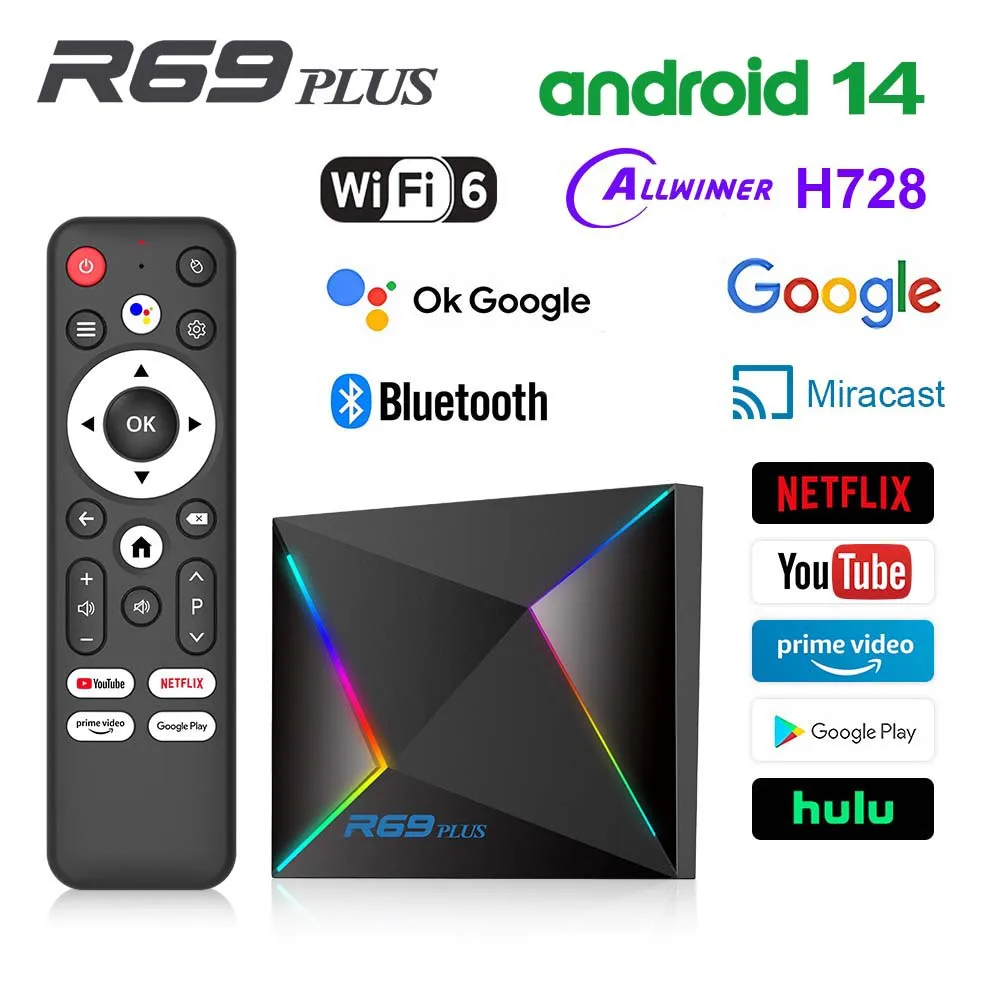 Wifi6 Global Version  R69 Plus Android14 TV box  Allwinner H728 chip octa-core Wifi6 1000M Lan Bluetooth5 8K decoding Chromecast