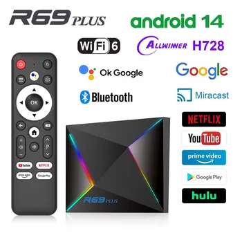 กล่องทีวี R69 Plus Android14 เวอร์ชันสากล Wifi6 ชิป Allwinner H728 octa-core Wifi6 1000M Lan Bluetooth5 ถอดรหัส 8K Chromecast