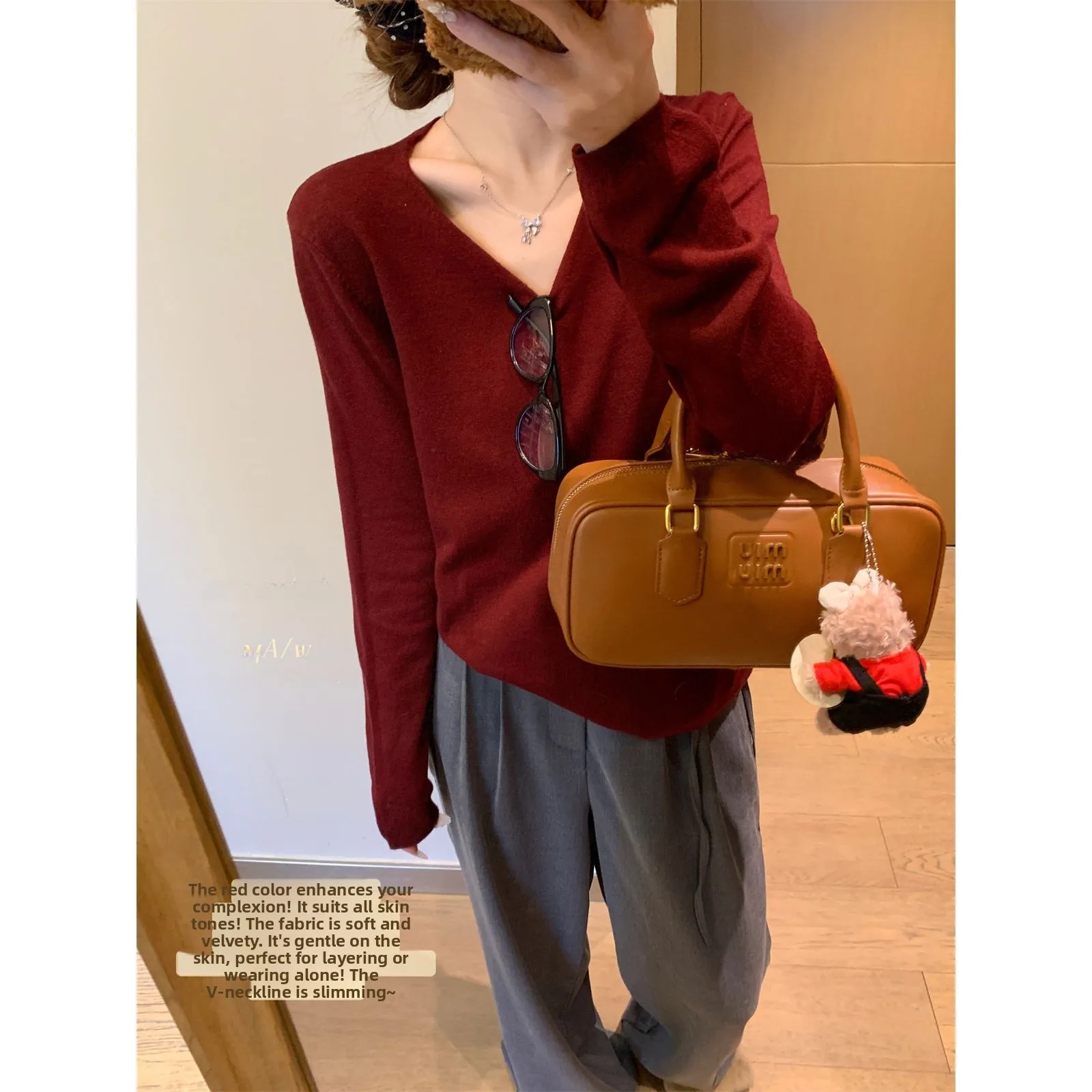 Suéter de punto suave y cómodo con cuello en V para mujer, camiseta de manga larga, capa base, estilo sencillo y versátil para otoño e invierno, top interior informal.