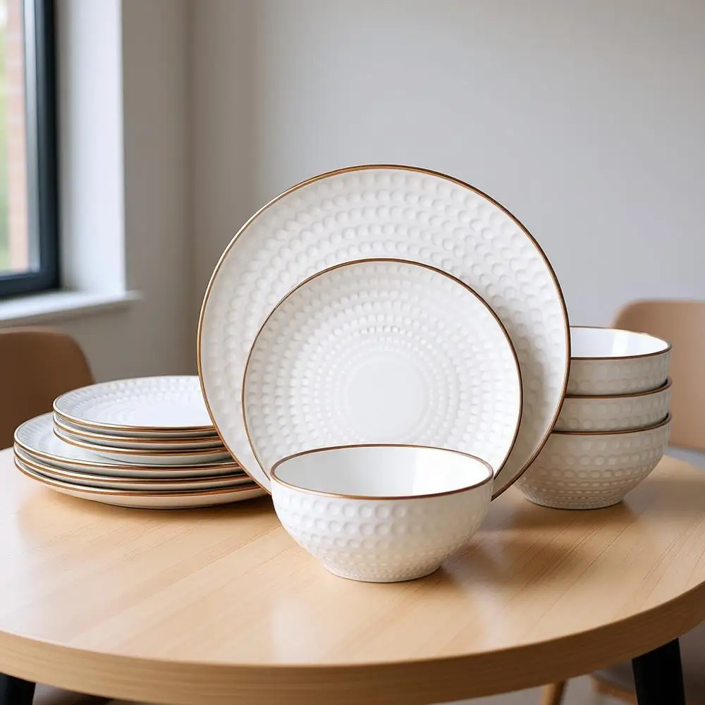 

Набор посуды из керамики с золотой окантовкой, 12 предметов, для микроволновой печи и посудомоечной машины, белый круг