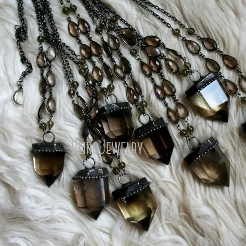 

10pcs Women Smoky Quartz Crystal Pendulum Talisman Necklace Witch Wicca Goth Gothic Wiccan Y2k Arcane Collar Boho Jewelry