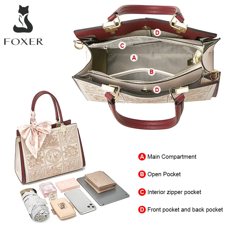 FOXER Women Crossbody Shoulder Bag Fall Winter Office Handbag Lady Medium Tote Chic Split Leather Silk Scarf Printing Pocket Bag