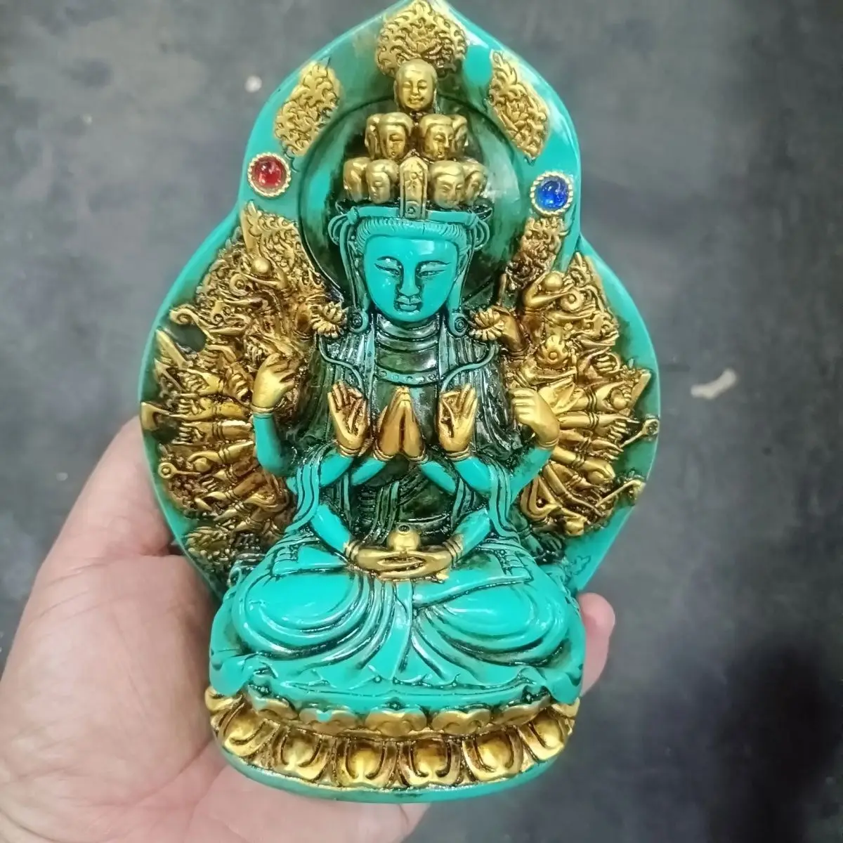 Old Jade Antique Treasure Gemstone Turquoise Gold Painted Thousand Hands Guanyin Seated Statue with Gemstones