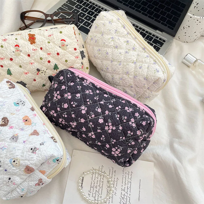 Cute Cartoon Square Brush Cosmetic Bags Pink Flower Women Cute Makeup Bag Travel Organizer Cosmetic Pouch Girls Pencil Case