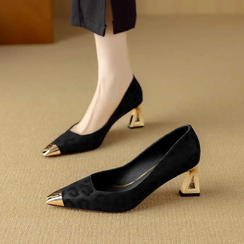 2026 new spring autumn women pumps natural leather 22-26cm sheepskin Metal toe thick heel leopard high heel women shoes fashion