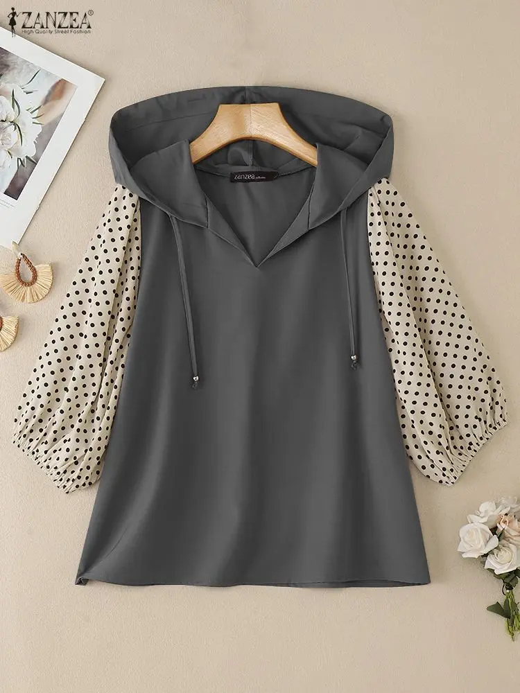 女性ファッションフード付きブラウス秋水玉プリントパッチワーク 3/4 ランタンスリーブカジュアルルーズトップス ZANZEA 女性服 S-3XL