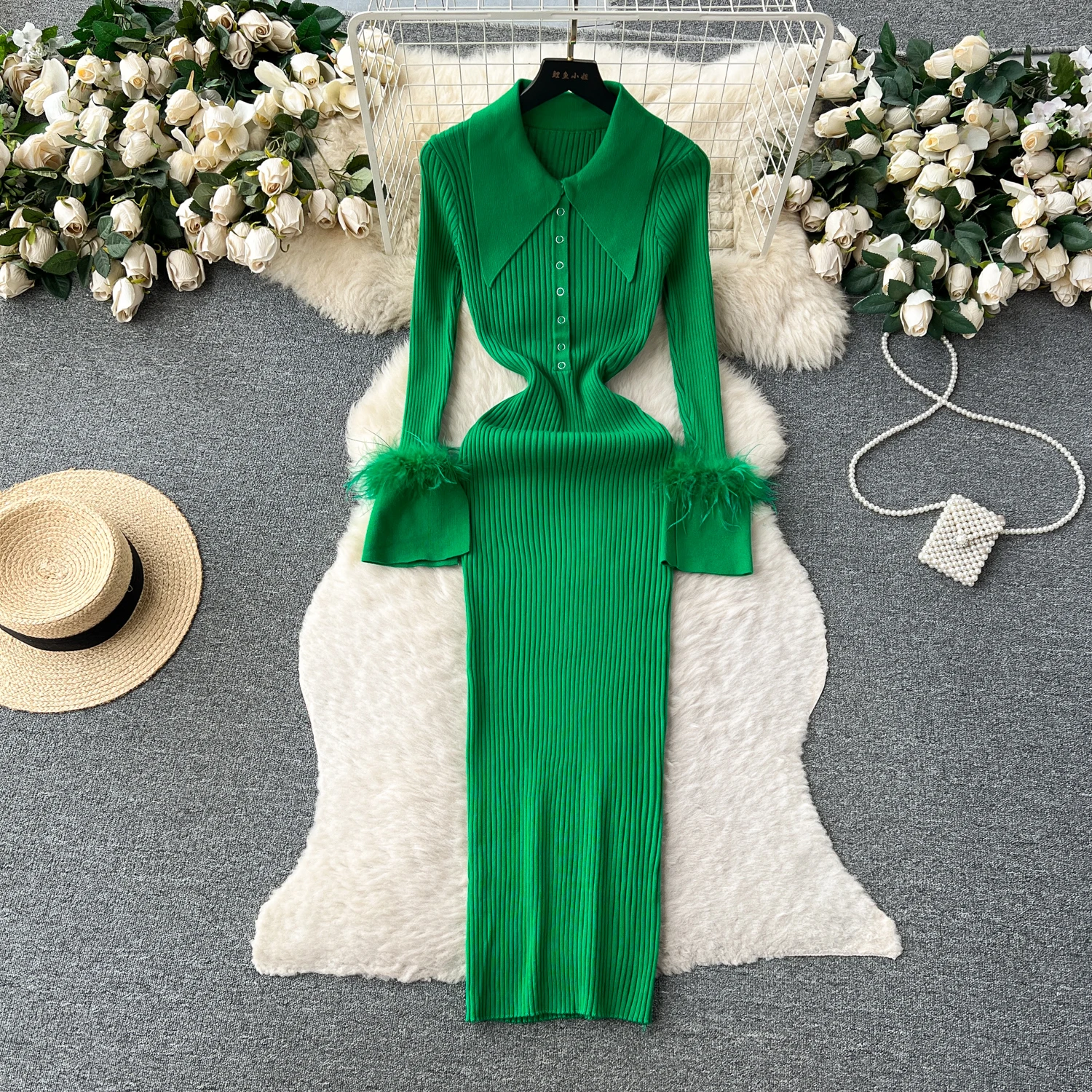 REALEFT Autumn Winter Women\'s Knitted Wrap Dresses 2024 New Long Sleeve Polo Collar Buttons Solid Sheath Dress Female