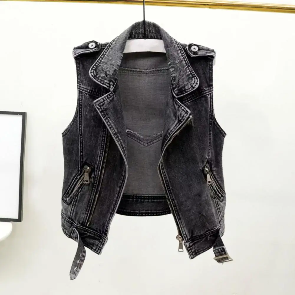 Women Denim Vest Sleeveless Lapel Solid Color Hip Hop Vintage Zip Up Zipper Pockets Streetwear Hip Hop Lady Spring Autumn Vest