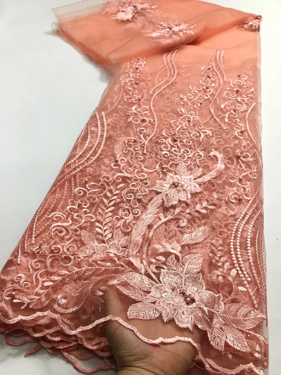 Peach African Nigerian Lace Fabrics 2024 High Quality Lace Material Embroidery French Lace Fabric For Dress Sewing M48852