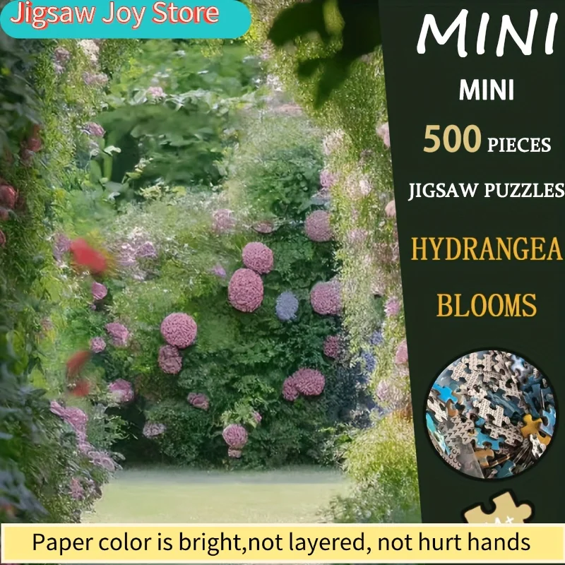 1箱アジサイの花ミニパズル - 15x10インチの豊かな花の芸術、中級スキルレベル、大人向けのポータブル段ボールジグソー