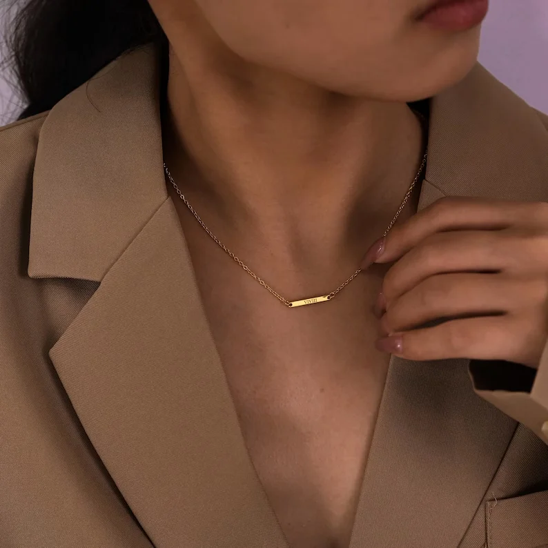 Personalized Laser Engraved Bar Necklace Stainless Steel Custom Quote Initial Rectangle Pendant Minimalist Dainty Neck Chain For