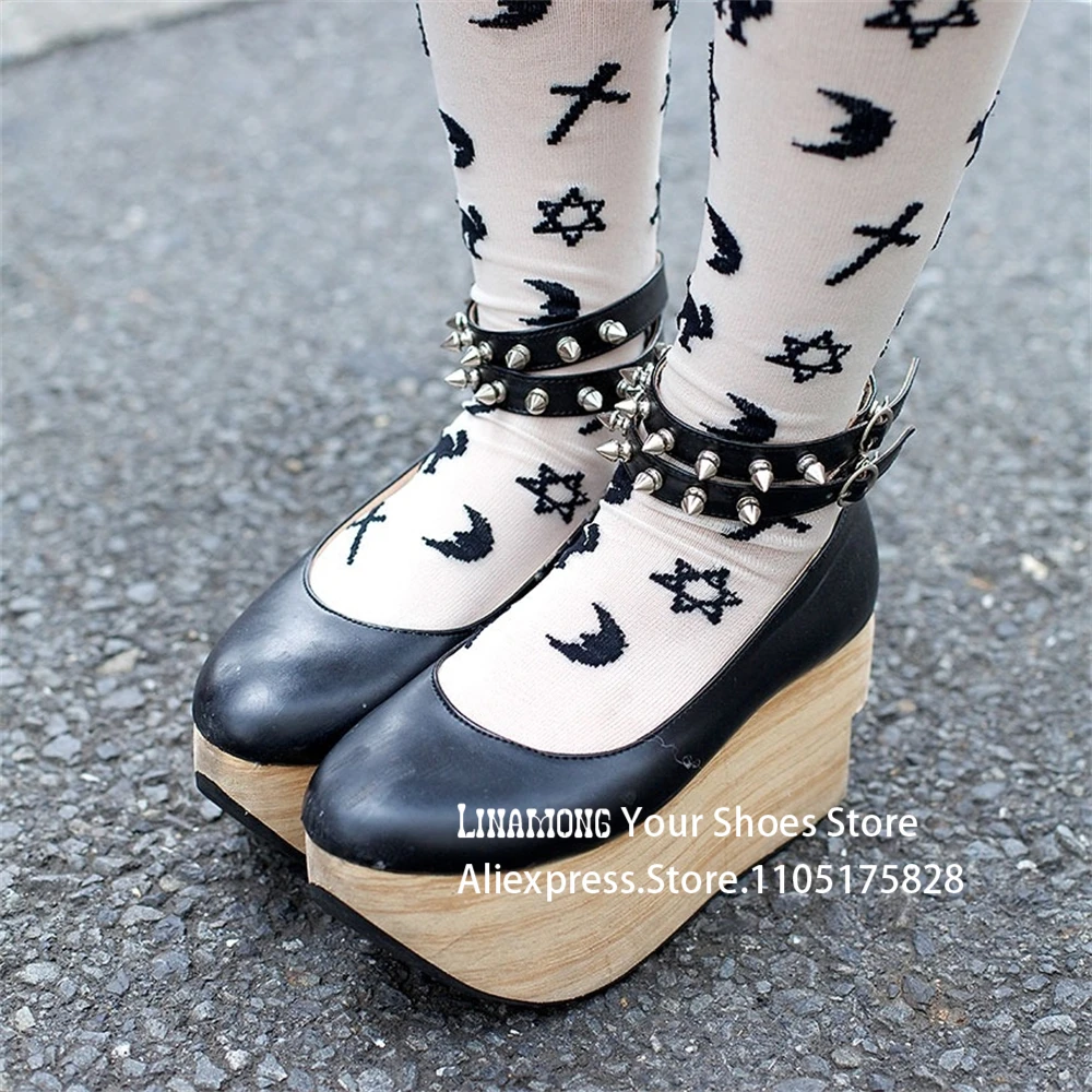 Punk Lolita Rocking Horse Shoes Metal Studded Ankle Buckle Platform Flats Round Toe Unique Novelty Style Cosplay Heels for Women