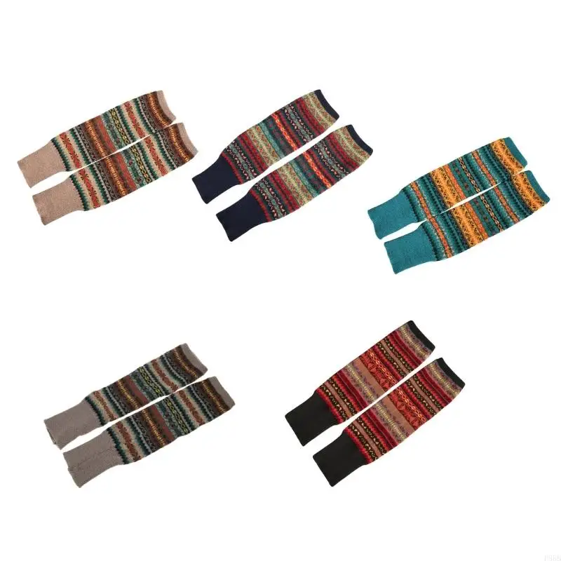 

P88B Women Bohemian Knit Over Knee Leg Warmers Ethnic Vintage Multicolored Striped Boot Cuffs Socks Winter Warm Crochet