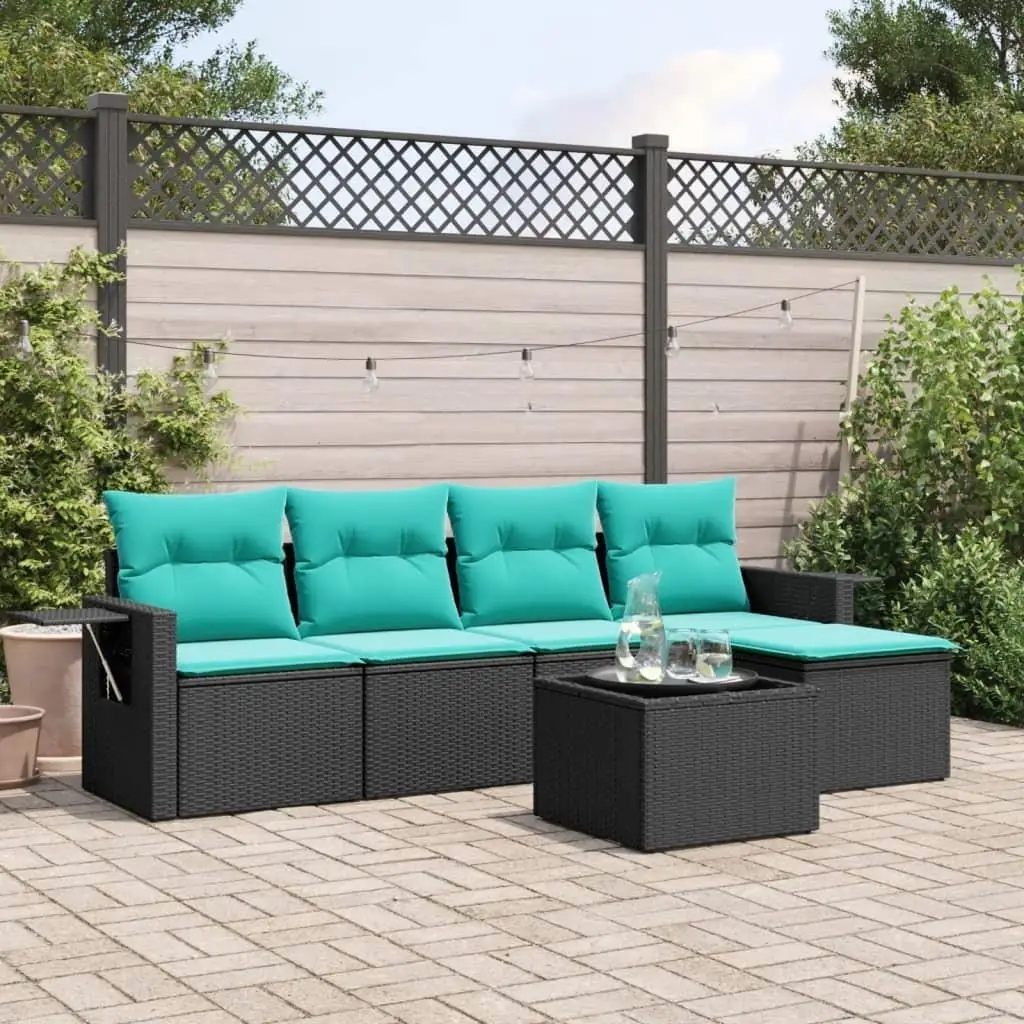

6 Piece Black Rattan Patio Sofa Set with Cushions Outdoor Furniture Comfortable Seating Garden Lounge Set