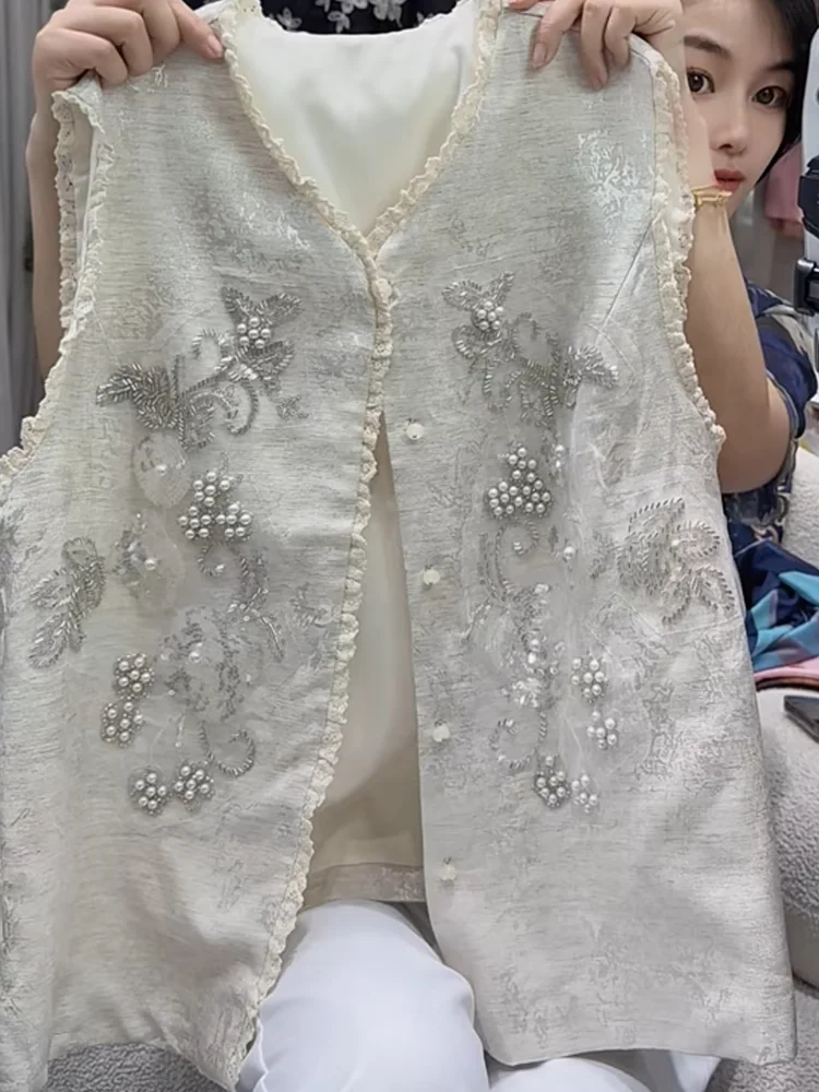 

Женский жилет с вышивкой и бисером, изысканная работа, большие размеры, модный, универсальный, летний, новинка, для повседневной носки, в корейском стиле V-образного кроя