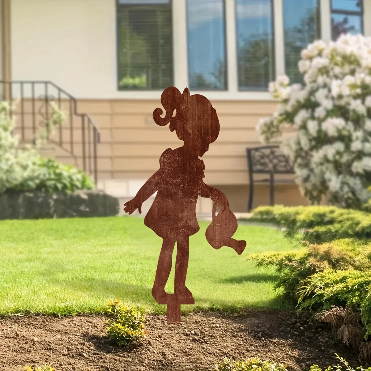 

1 Country Style Cute Girl Metal Garden Sign - Outdoor Lawn Art Decor, Vintage Silhouette Design with Autumn Leaves