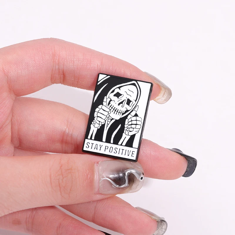 Stay Positive Enamel Pin Gothic Quotes Encourage Motivate Skull Faces Metal Brooch Lapel Backpack Badge Jewelry Gifts For Friend