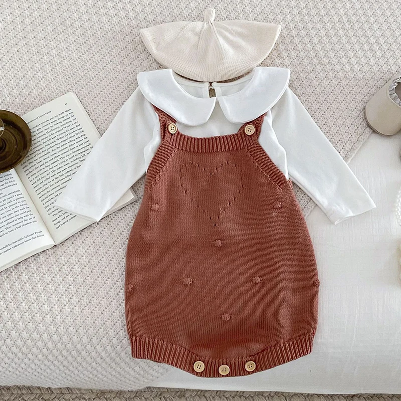 2024 New Autumn Newborn Baby Girls Clothing Set Long Sleeved Cotton T-shirt+Sleeveless Knitted Jumpsuit  Baby Girl Clothes Suit