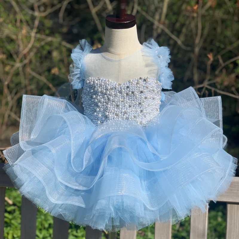 Flower Girl Dress Blue Tulle Puffy Tiered Pearls Top With Bow Sleeveless For Wedding Birthday Party Banquet Princess Gowns