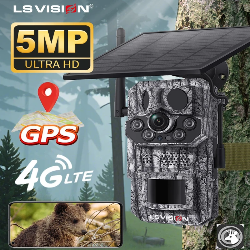 LS VISION 4G Solar Powered Hunting Camera 2K Videos 16MP Pictures Night Vision Trail Camera for Wildlife Monitoring Hunting GPS