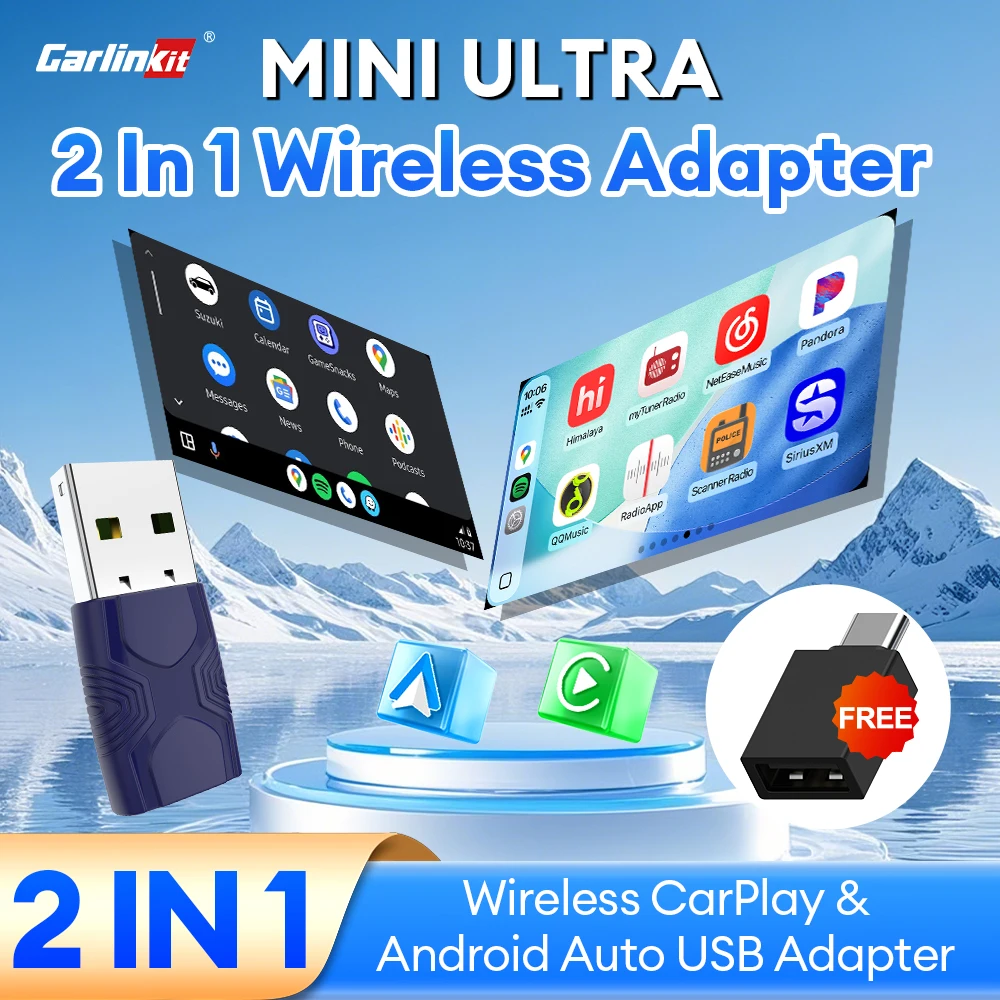 

Мини-адаптер Ultra CarlinKit 5.0 2-в-1 для беспроводного подключения Android Auto и CarPlay, переходник с проводного на беспроводное подключение для автомобилей с проводным CarPlay и Android Auto